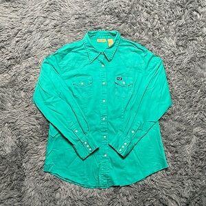 Vintage 90's Wrangler Western Women's Teal Button Up Cowboy Shirt Size XL